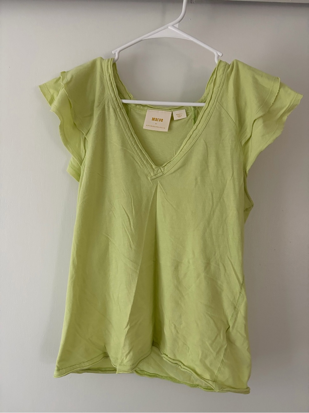Anthropologie Maeve Lime V-Neck Flutter Sleeve Tee